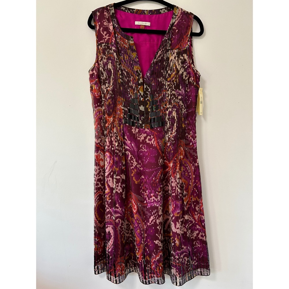 Saltaire Silk Paisley Sleeveless Dress Womens 10 Lipstick Pink Pleated Beaded